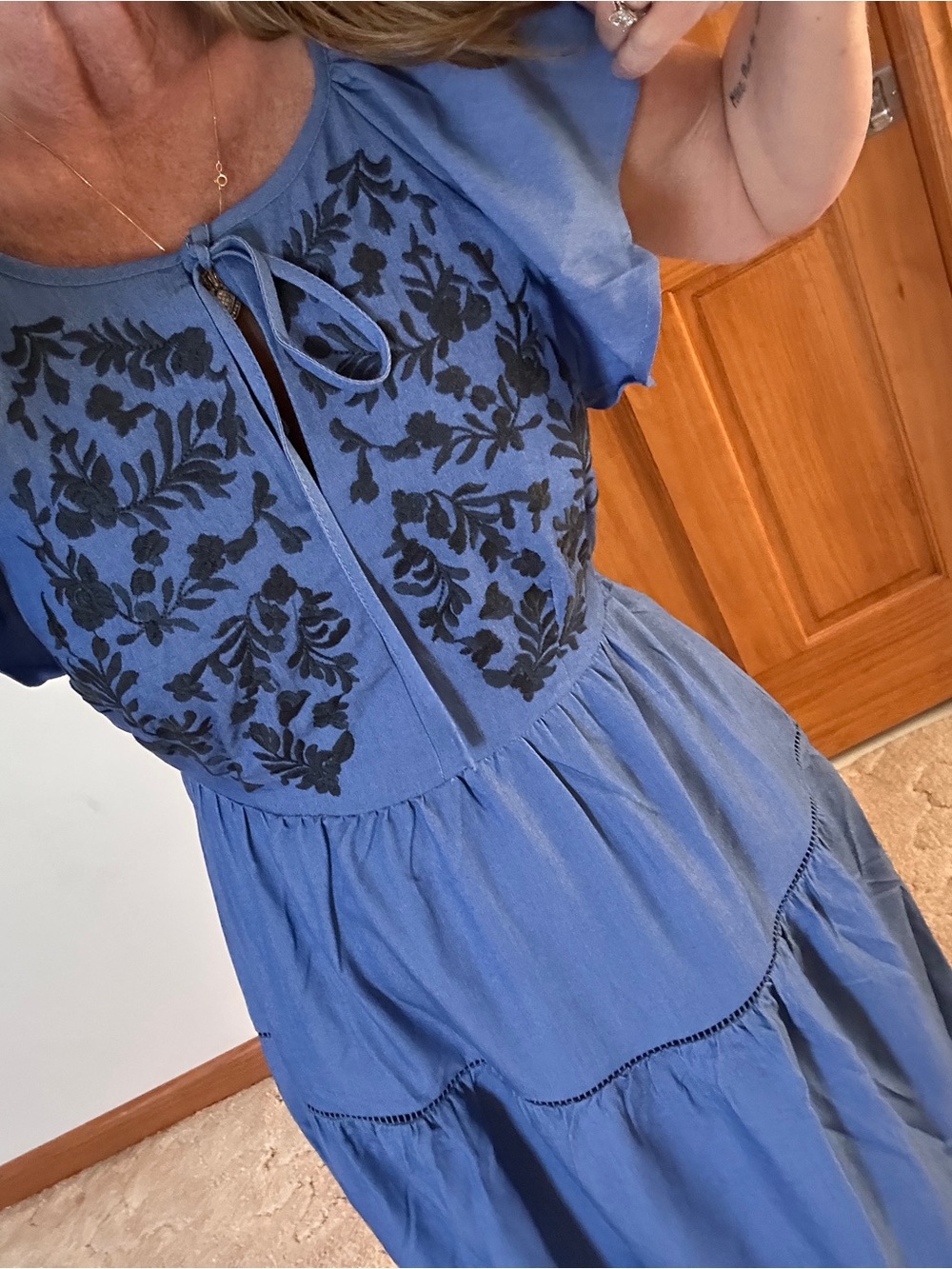 Lost + Wander Blue Maxi Dress with Black Floral Embroidery XS nwt